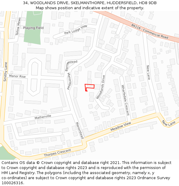 34, WOODLANDS DRIVE, SKELMANTHORPE, HUDDERSFIELD, HD8 9DB: Location map and indicative extent of plot