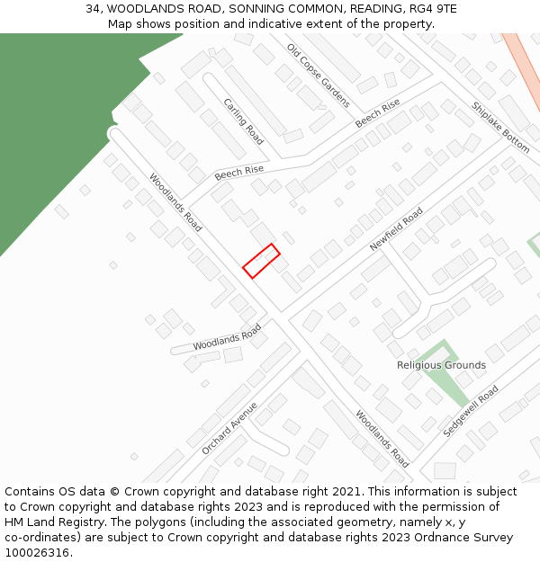 34, WOODLANDS ROAD, SONNING COMMON, READING, RG4 9TE: Location map and indicative extent of plot