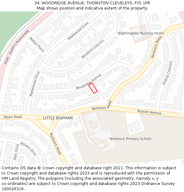 34, WOODRIDGE AVENUE, THORNTON-CLEVELEYS, FY5 1PR: Location map and indicative extent of plot
