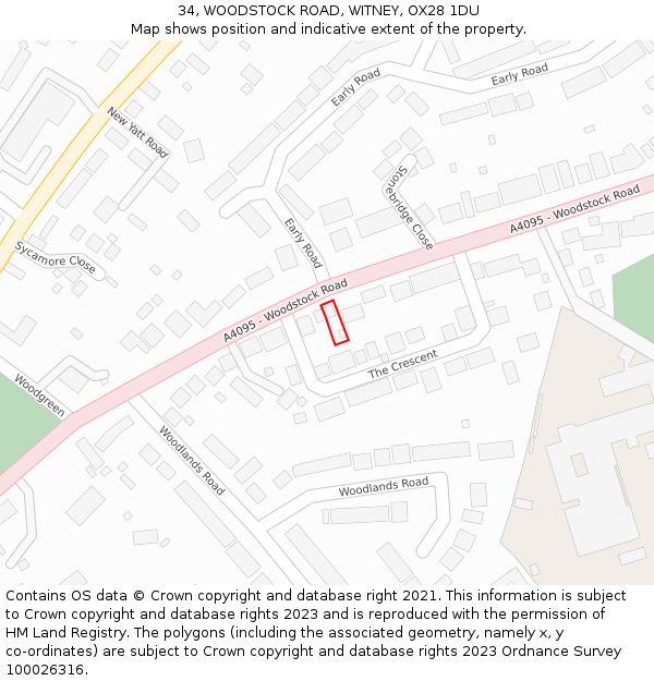 34, WOODSTOCK ROAD, WITNEY, OX28 1DU: Location map and indicative extent of plot