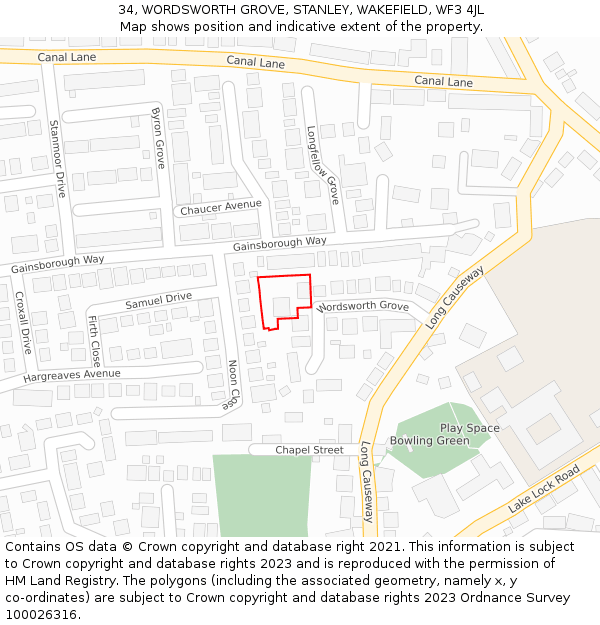 34, WORDSWORTH GROVE, STANLEY, WAKEFIELD, WF3 4JL: Location map and indicative extent of plot