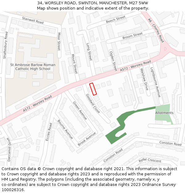 34, WORSLEY ROAD, SWINTON, MANCHESTER, M27 5WW: Location map and indicative extent of plot
