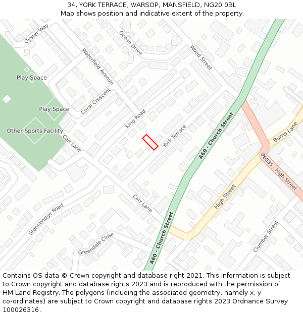 34, YORK TERRACE, WARSOP, MANSFIELD, NG20 0BL: Location map and indicative extent of plot