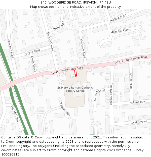 340, WOODBRIDGE ROAD, IPSWICH, IP4 4EU: Location map and indicative extent of plot