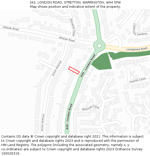 342, LONDON ROAD, STRETTON, WARRINGTON, WA4 5PW: Location map and indicative extent of plot