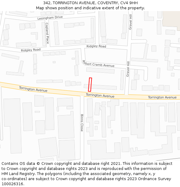 342, TORRINGTON AVENUE, COVENTRY, CV4 9HH: Location map and indicative extent of plot