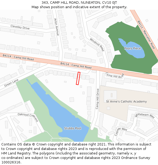 343, CAMP HILL ROAD, NUNEATON, CV10 0JT: Location map and indicative extent of plot