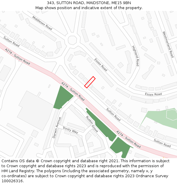 343, SUTTON ROAD, MAIDSTONE, ME15 9BN: Location map and indicative extent of plot