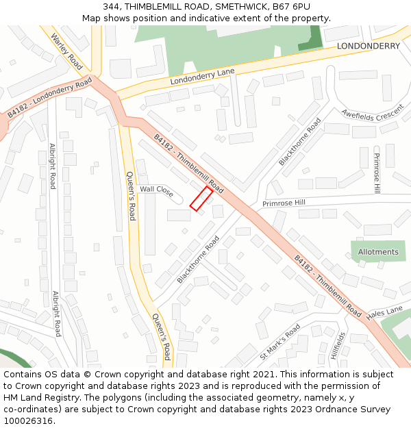 344, THIMBLEMILL ROAD, SMETHWICK, B67 6PU: Location map and indicative extent of plot