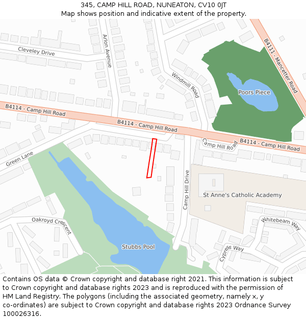 345, CAMP HILL ROAD, NUNEATON, CV10 0JT: Location map and indicative extent of plot