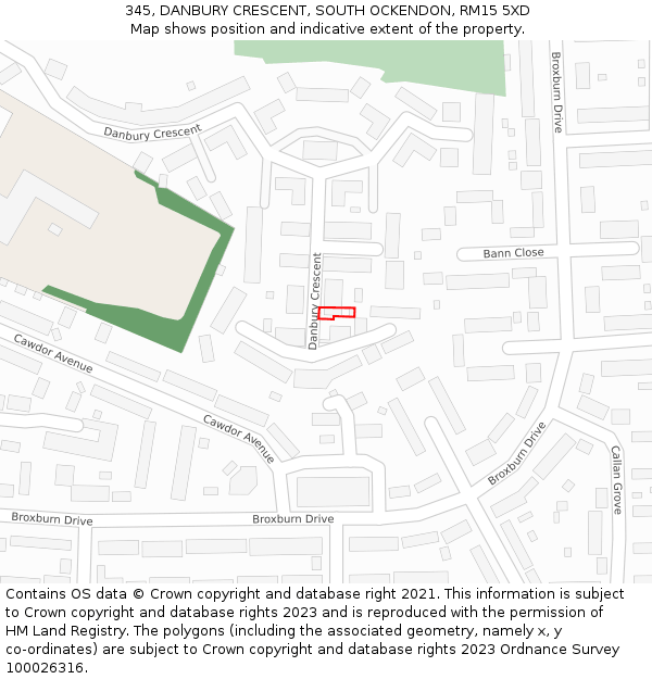 345, DANBURY CRESCENT, SOUTH OCKENDON, RM15 5XD: Location map and indicative extent of plot