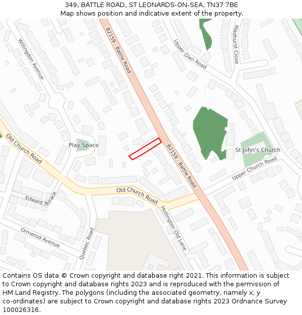349, BATTLE ROAD, ST LEONARDS-ON-SEA, TN37 7BE: Location map and indicative extent of plot