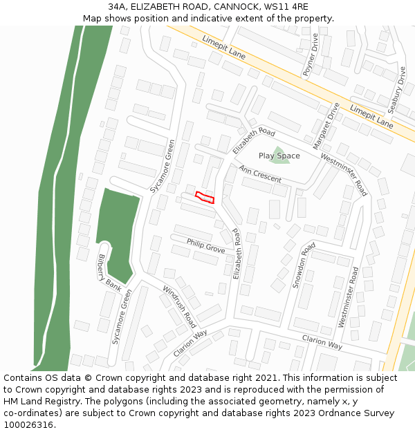 34A, ELIZABETH ROAD, CANNOCK, WS11 4RE: Location map and indicative extent of plot