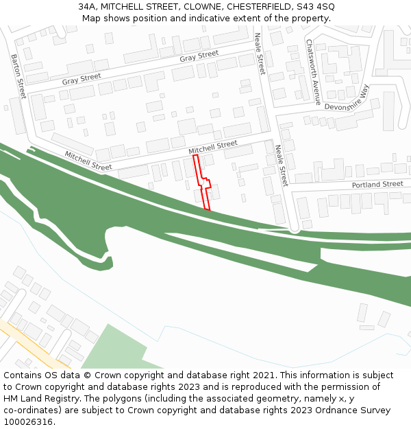 34A, MITCHELL STREET, CLOWNE, CHESTERFIELD, S43 4SQ: Location map and indicative extent of plot