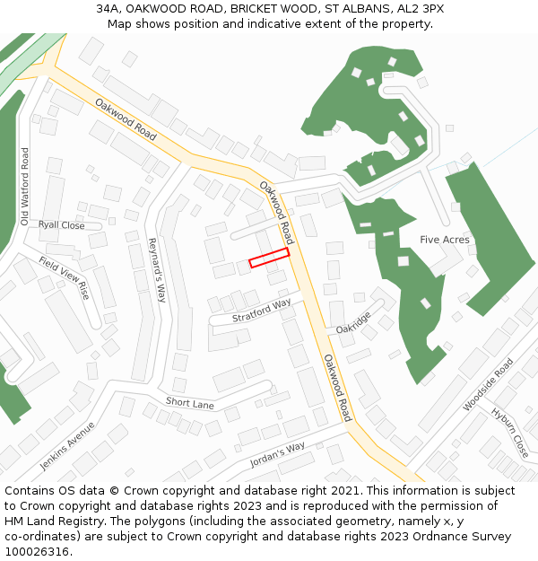 34A, OAKWOOD ROAD, BRICKET WOOD, ST ALBANS, AL2 3PX: Location map and indicative extent of plot