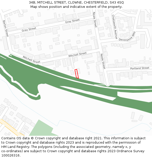 34B, MITCHELL STREET, CLOWNE, CHESTERFIELD, S43 4SQ: Location map and indicative extent of plot