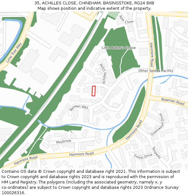 35, ACHILLES CLOSE, CHINEHAM, BASINGSTOKE, RG24 8XB: Location map and indicative extent of plot