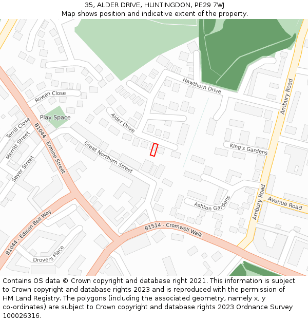 35, ALDER DRIVE, HUNTINGDON, PE29 7WJ: Location map and indicative extent of plot