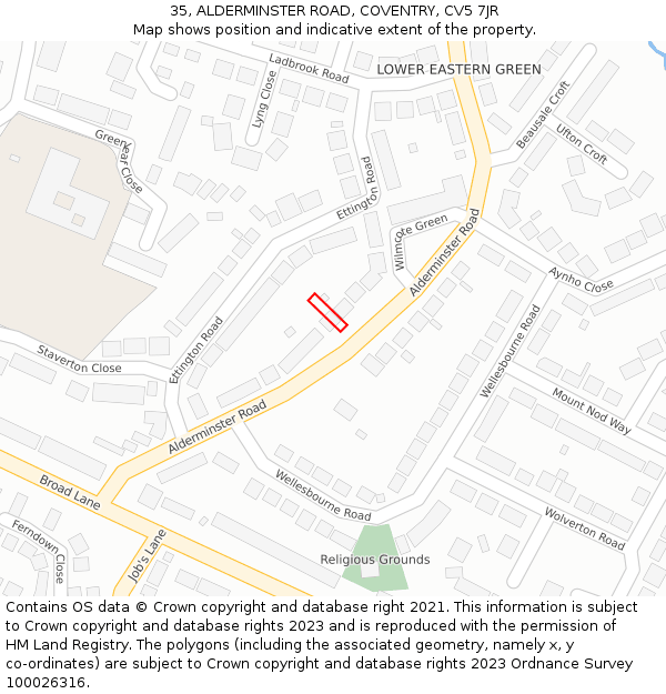 35, ALDERMINSTER ROAD, COVENTRY, CV5 7JR: Location map and indicative extent of plot