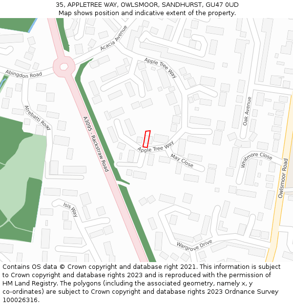 35, APPLETREE WAY, OWLSMOOR, SANDHURST, GU47 0UD: Location map and indicative extent of plot