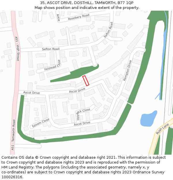 35, ASCOT DRIVE, DOSTHILL, TAMWORTH, B77 1QP: Location map and indicative extent of plot