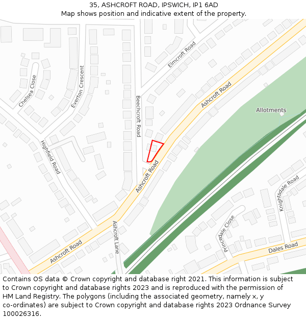 35, ASHCROFT ROAD, IPSWICH, IP1 6AD: Location map and indicative extent of plot