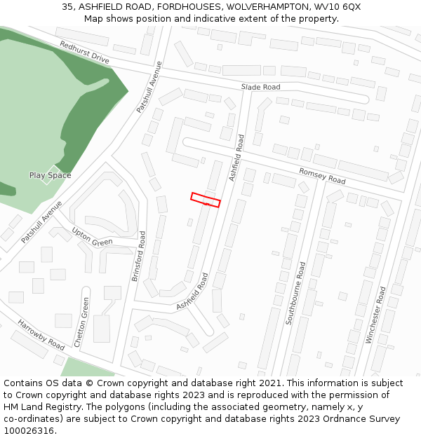35, ASHFIELD ROAD, FORDHOUSES, WOLVERHAMPTON, WV10 6QX: Location map and indicative extent of plot