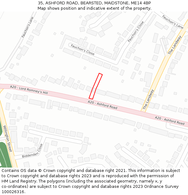 35, ASHFORD ROAD, BEARSTED, MAIDSTONE, ME14 4BP: Location map and indicative extent of plot