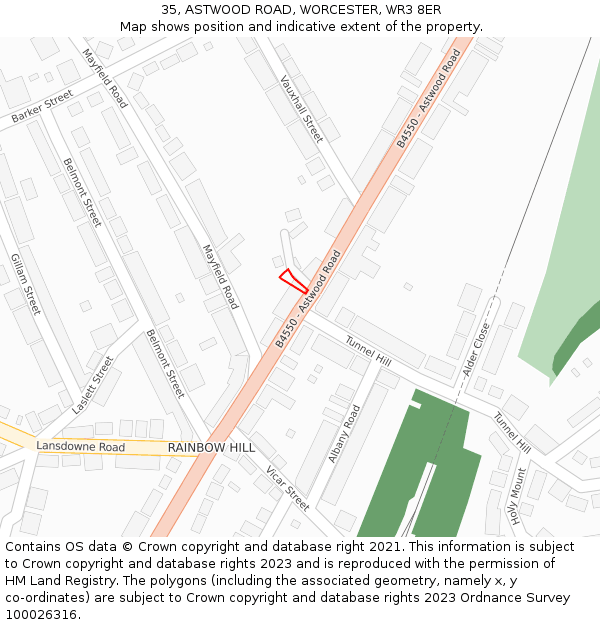 35, ASTWOOD ROAD, WORCESTER, WR3 8ER: Location map and indicative extent of plot
