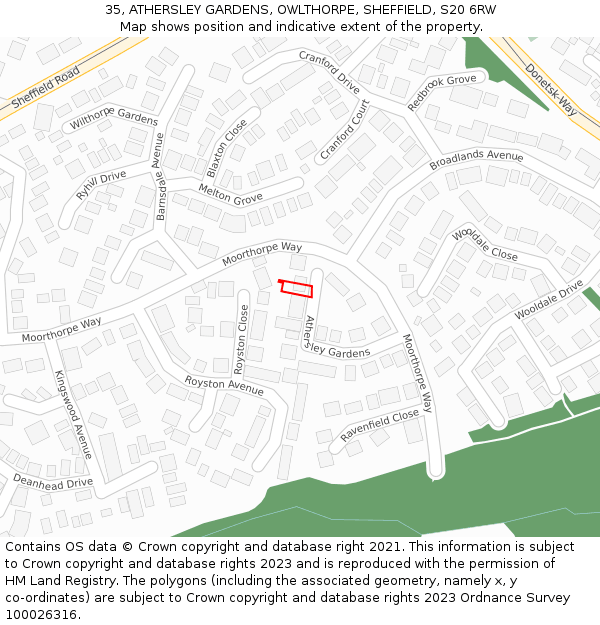 35, ATHERSLEY GARDENS, OWLTHORPE, SHEFFIELD, S20 6RW: Location map and indicative extent of plot