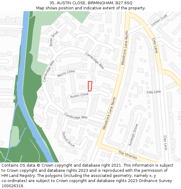 35, AUSTIN CLOSE, BIRMINGHAM, B27 6SQ: Location map and indicative extent of plot