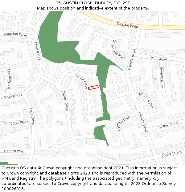 35, AUSTIN CLOSE, DUDLEY, DY1 2ST: Location map and indicative extent of plot