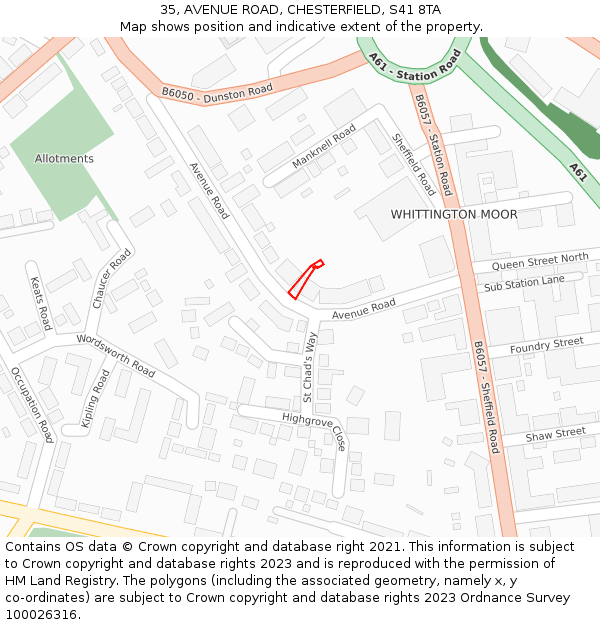 35, AVENUE ROAD, CHESTERFIELD, S41 8TA: Location map and indicative extent of plot