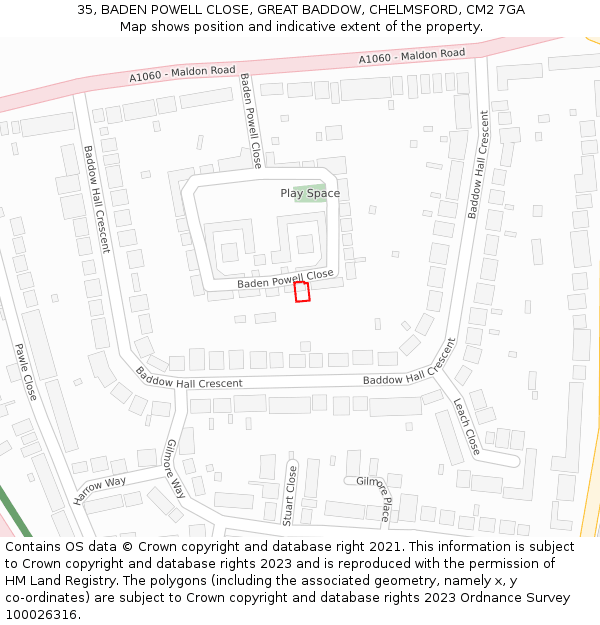 35, BADEN POWELL CLOSE, GREAT BADDOW, CHELMSFORD, CM2 7GA: Location map and indicative extent of plot