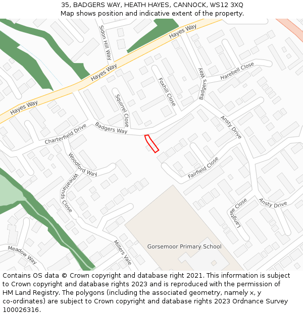 35, BADGERS WAY, HEATH HAYES, CANNOCK, WS12 3XQ: Location map and indicative extent of plot