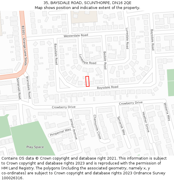 35, BAYSDALE ROAD, SCUNTHORPE, DN16 2QE: Location map and indicative extent of plot