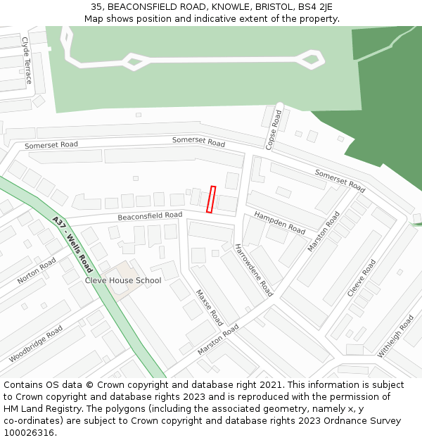 35, BEACONSFIELD ROAD, KNOWLE, BRISTOL, BS4 2JE: Location map and indicative extent of plot