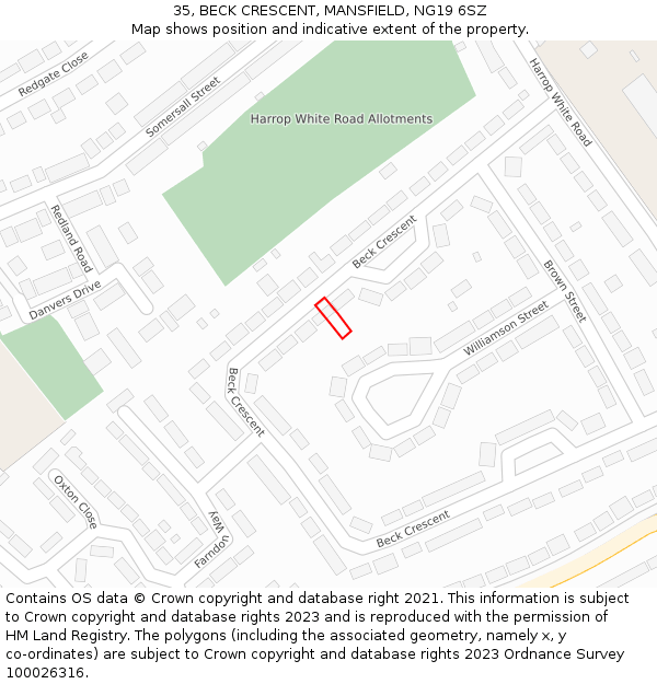 35, BECK CRESCENT, MANSFIELD, NG19 6SZ: Location map and indicative extent of plot