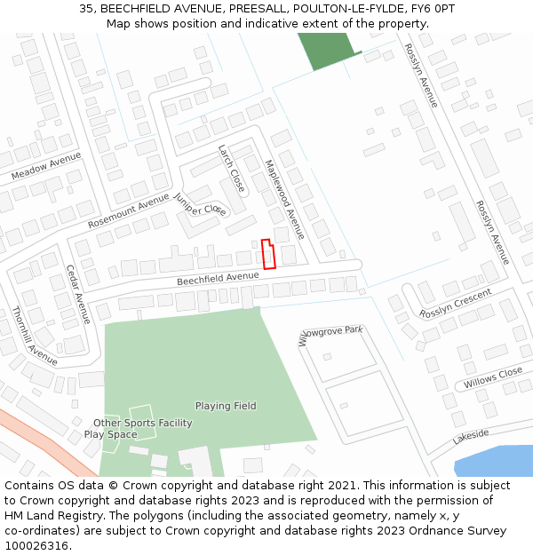 35, BEECHFIELD AVENUE, PREESALL, POULTON-LE-FYLDE, FY6 0PT: Location map and indicative extent of plot