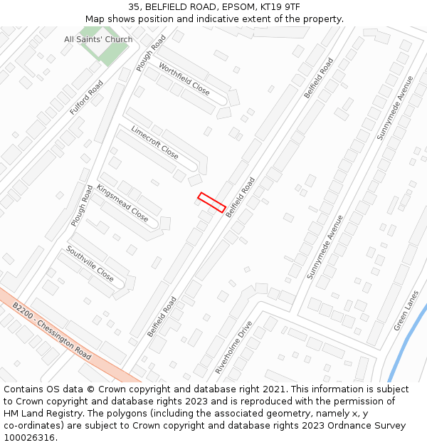 35, BELFIELD ROAD, EPSOM, KT19 9TF: Location map and indicative extent of plot
