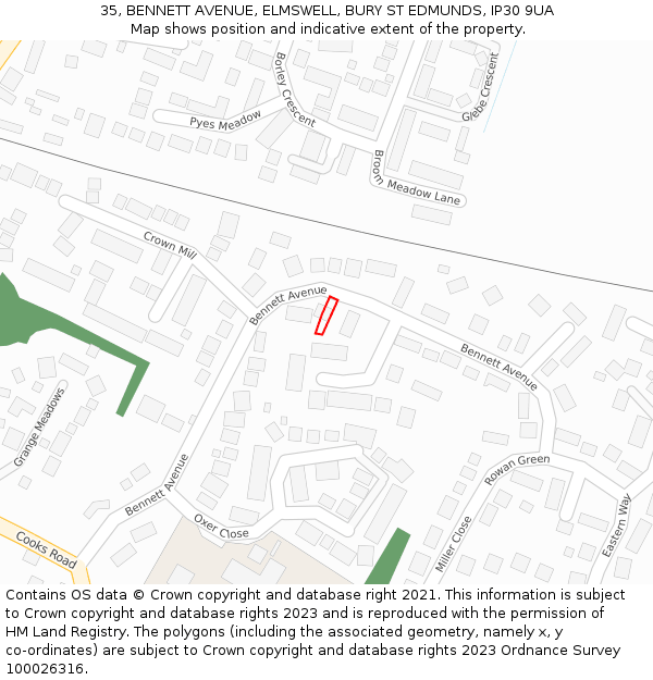 35, BENNETT AVENUE, ELMSWELL, BURY ST EDMUNDS, IP30 9UA: Location map and indicative extent of plot