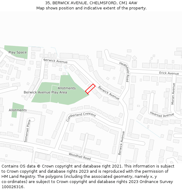 35, BERWICK AVENUE, CHELMSFORD, CM1 4AW: Location map and indicative extent of plot