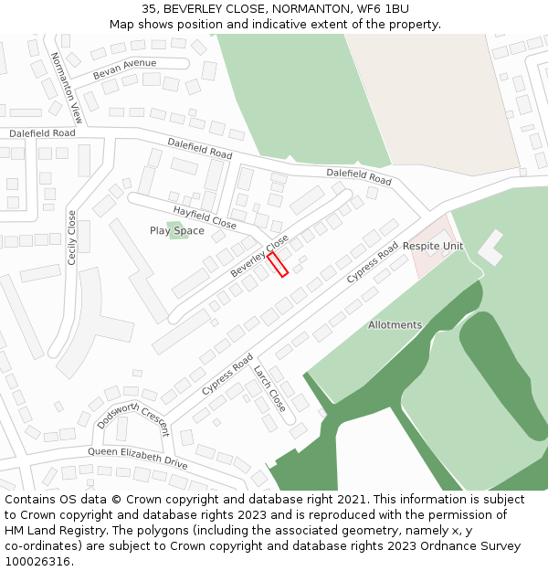 35, BEVERLEY CLOSE, NORMANTON, WF6 1BU: Location map and indicative extent of plot