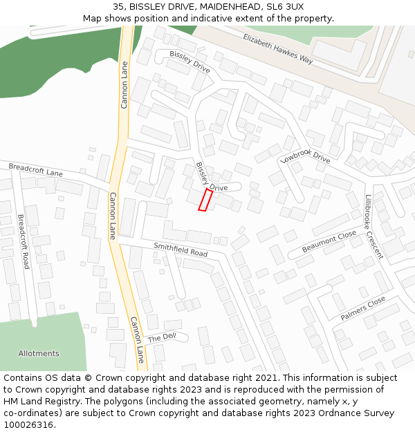 35, BISSLEY DRIVE, MAIDENHEAD, SL6 3UX: Location map and indicative extent of plot