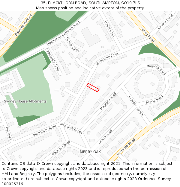 35, BLACKTHORN ROAD, SOUTHAMPTON, SO19 7LS: Location map and indicative extent of plot