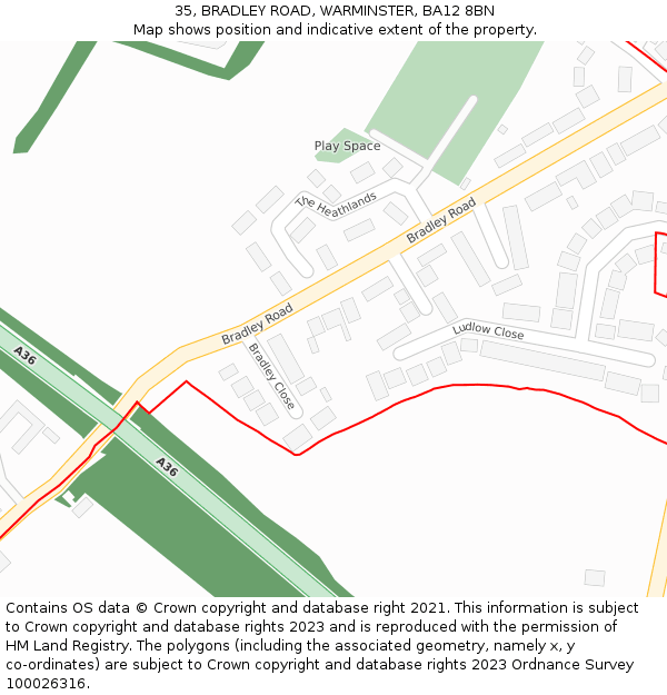 35, BRADLEY ROAD, WARMINSTER, BA12 8BN: Location map and indicative extent of plot