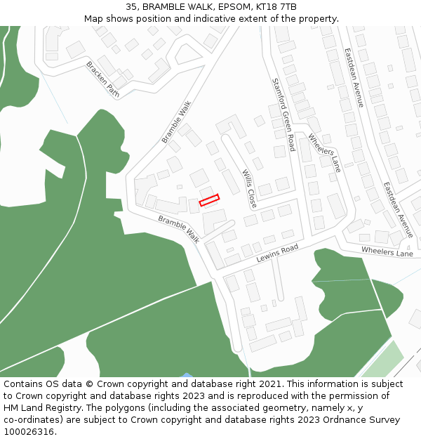 35, BRAMBLE WALK, EPSOM, KT18 7TB: Location map and indicative extent of plot