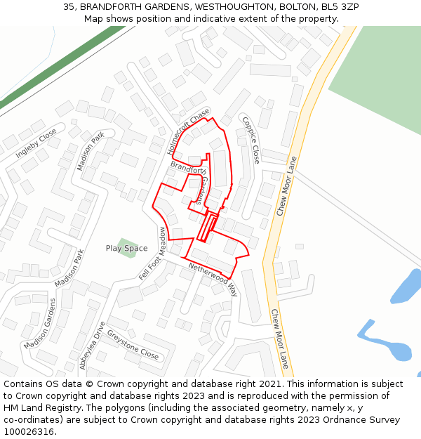 35, BRANDFORTH GARDENS, WESTHOUGHTON, BOLTON, BL5 3ZP: Location map and indicative extent of plot