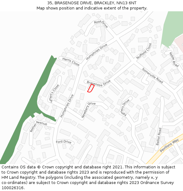 35, BRASENOSE DRIVE, BRACKLEY, NN13 6NT: Location map and indicative extent of plot