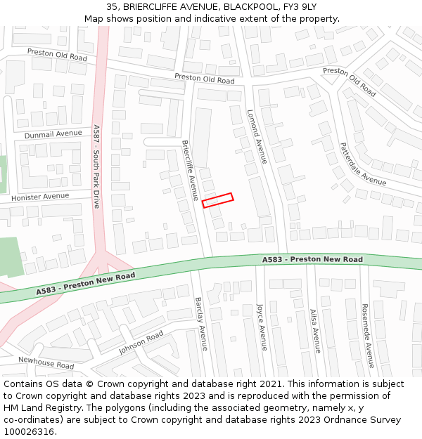 35, BRIERCLIFFE AVENUE, BLACKPOOL, FY3 9LY: Location map and indicative extent of plot